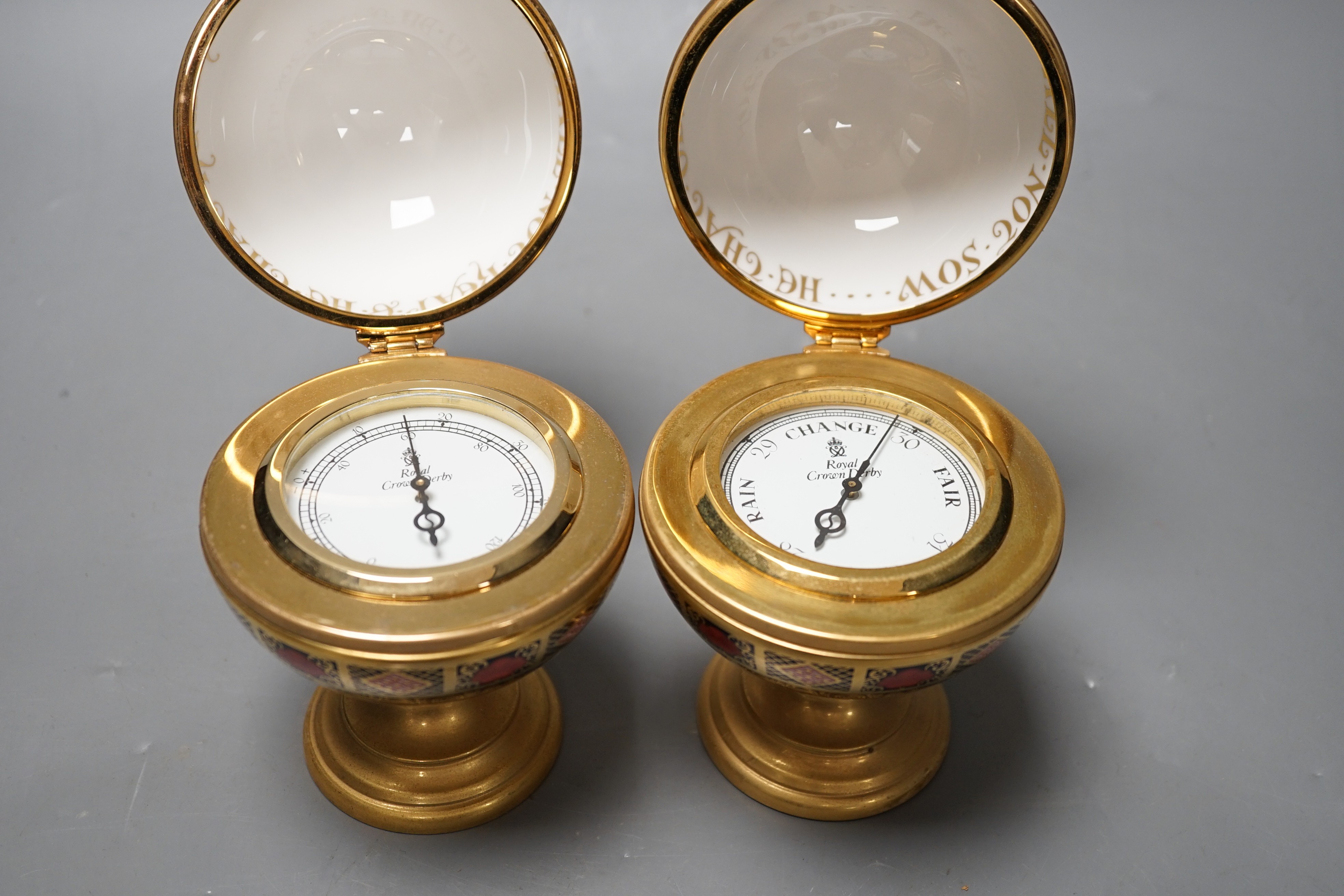 A Royal Crown Derby Millennium globe thermometer and a Millennium globe aneroid barometer, 13cms high